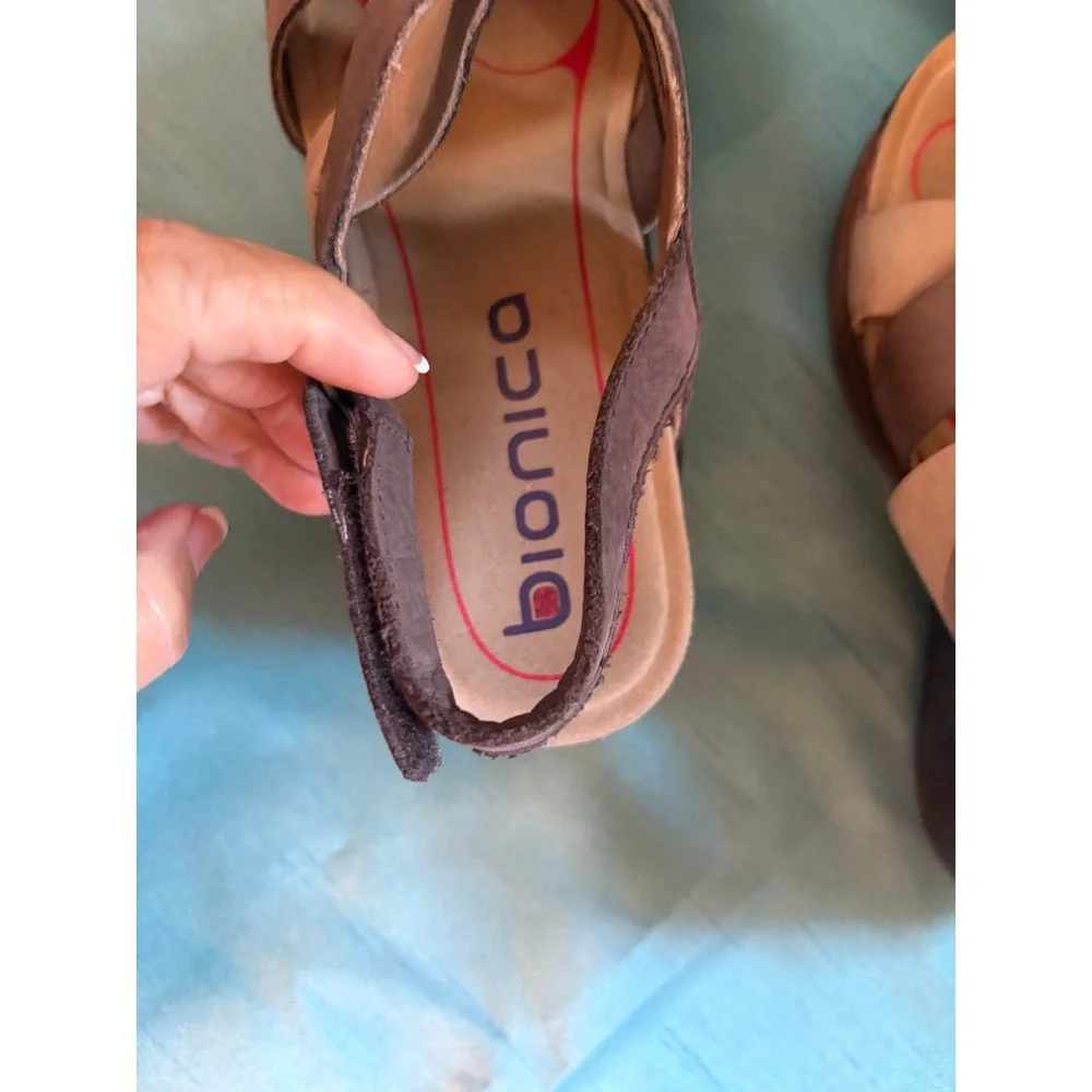 Bionica Wedge Sandals Women 7 M Boho Leather Strappy Platform Slingback Brown